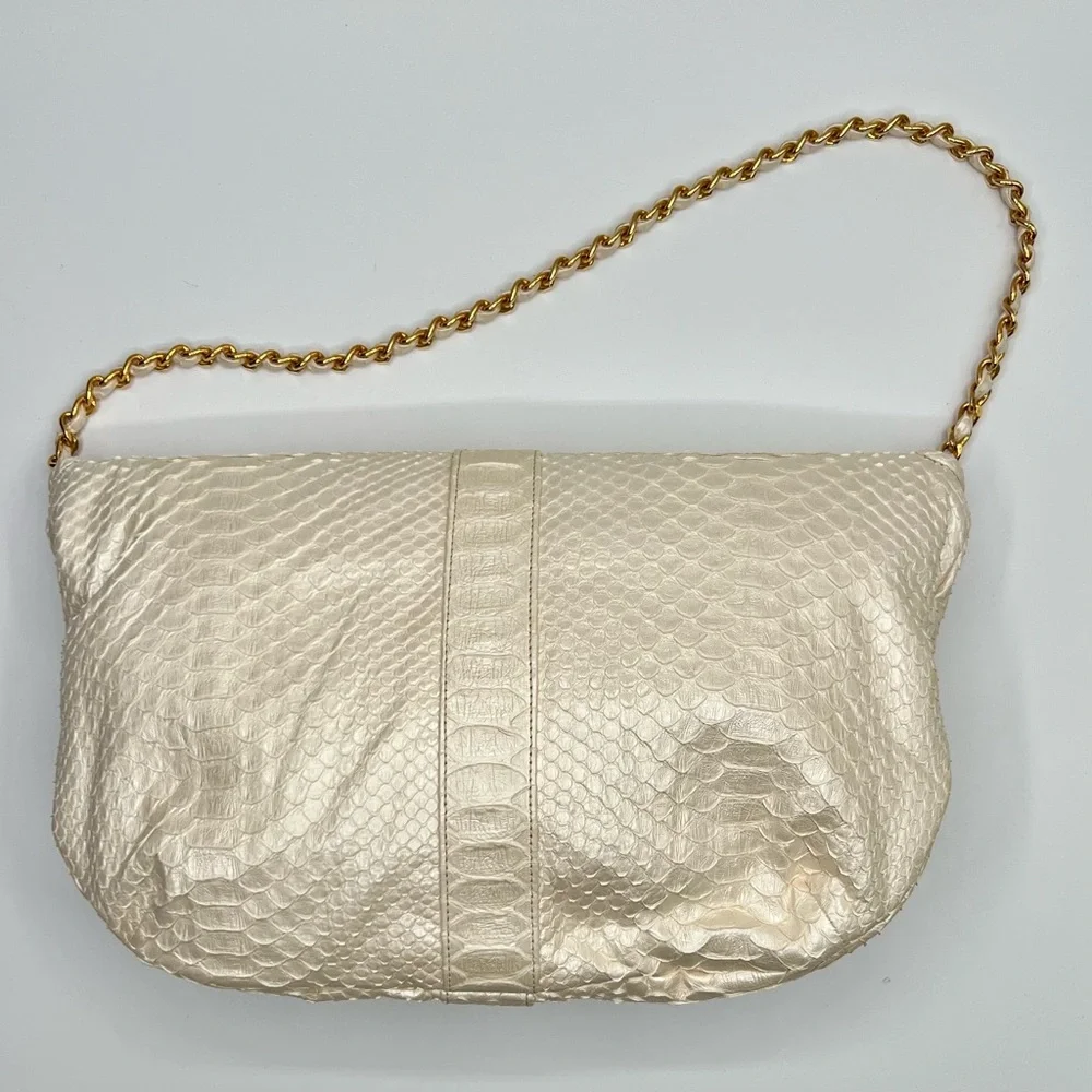 Cream and Gold Textured Shoulder Bag with Chain Handle